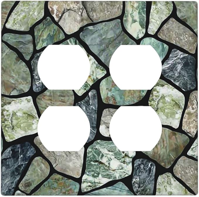 Green Stone Texture Double Outlet Switch Wall Plate Cover Decorative 2-Gang for Electrical Room Bathroom Bedroom Home Kitchen Two Receptacle Polycarbonate Power Gear 4.5" x 2.76"