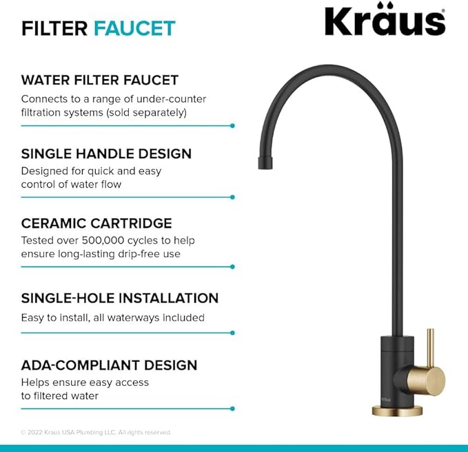 KRAUS Purita™ Single Handle Drinking Water Filter Faucet for Reverse Osmosis or Water Filtration System in Brushed Brass/Matte Black, FF-100BBMB