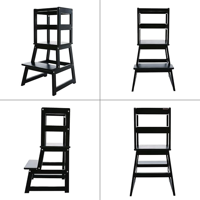 SDADI Kids Kitchen Step Stool Tower for Toddlers, Holds up to 150 lbs, w/ Safety Rail, Wide Platform Design, and 4 Anti-Slip Strips, Black
