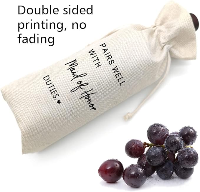 Maid of Honor Proposal Wine Bag Gift,Gift for Bridesmaid,Wedding Wine Bag Gift,Burlap Wine Bag,Bridal Shower,Engagement, Bachelorette Party Favor,Reusable Wine Bag - Pairs Well With Maid of Honor