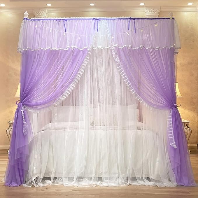 Mengersi Canopy Bed Curtains with Lights,4 Corner Bed Canopy Royal Luxurious Bed Drapes Netting,Princess Bed Curtains for Girls Adults Bedroom Decoration (Purple, California King)