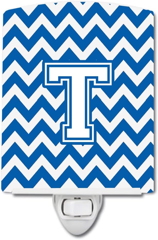 Caroline's Treasures CJ1045-TCNL Letter T Chevron Blue and White Ceramic Night Light Compact, UL-Certified, Ideal for Bedroom, Bathroom, Nursery, Hallway, Kitchen, 6x4x3, Multicolor