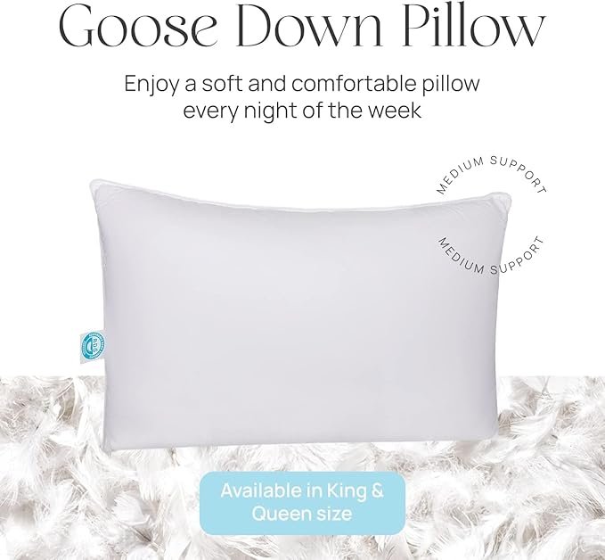 East Coast Bedding Pure Dream Firm Pillow Queen Pillow Medium Support, Queen Size 20x30 Inch Goose Feather Down Pillows, 100% Cotton Shell Pack of 1