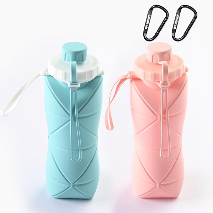 Collapsible Water Bottle, Silicone Foldable Water Bottles For Travel, Easy-To-Carry Design And Compact Size, BPA Free, 20 oz (2-Pack, Blue & Pink)
