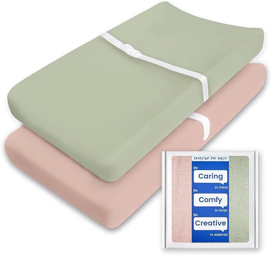 Changing Table Sheets - TotBasic Premium Soft Pink Diaper Changing Pad Cover, Ultra Stretchy Green Changing Table Cover - Suit for Baby Boy and Baby Girl, 2 Pack (Sage + Blush)