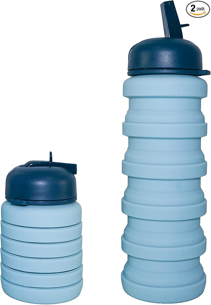 Collapsible Water Bottles, 16 oz 500ml Portable Foldable Water Bottles, Leak Proof Travel Water Bottle Reusable BPA Free Silicone Water Bottles for Travel Gym Camping Hiking (2 Pack Blu)