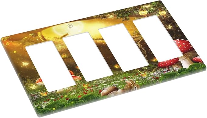 Red Mushroom Forest Fairy Moon Butterfly 4 Gang Rocker Decora Bohemian Light Switch Cover Decorative Outlet Covers Wall Plate Electrical Faceplate Switchplate GFCI for Kidroom Nursery Decor