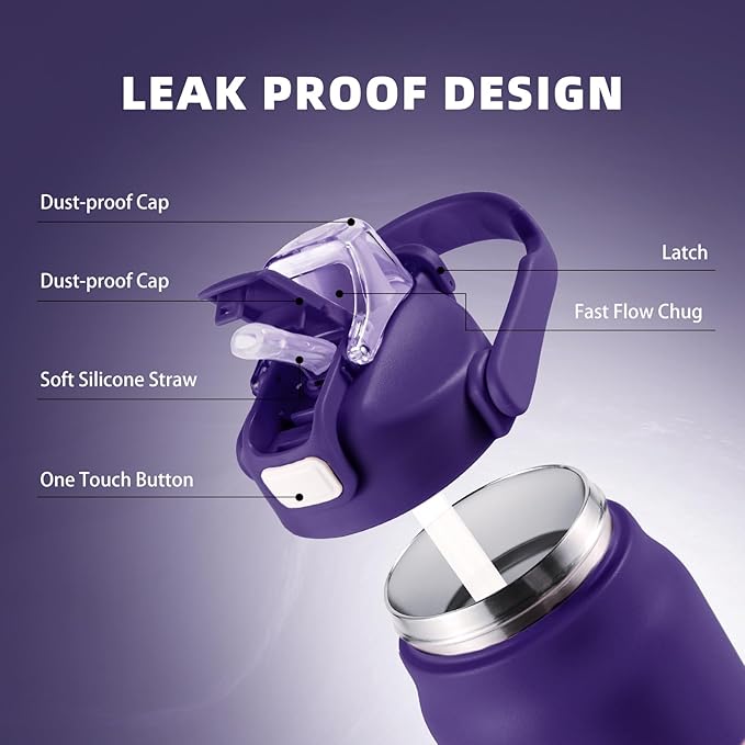 ColorSub 50oz Insulated Water Bottle With 2-in-1 Straw and Chug Leakproof Lid, BPA Free Stainless Steel Wide Mouth Sports Water Cup Flask Purple