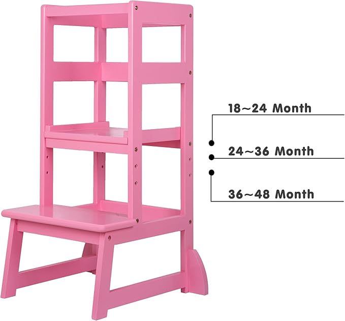 SDADI Mother's Helper Adjustable Height Kitchen Step Stool, Children Kids Toddlers Counter Level Learning Stool for Kitchen & Bathroom, Pink