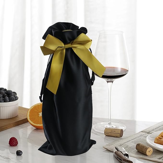 HEVSTIL 10Pcs Satin Wine Bags Wine Gift Bags with Decorative Bows,Wine Bottle Bags Reusable Wine Bottle Covers for Christmas, Wedding, Birthday, Travel, Holiday Party,Housewarming Gifts,Black