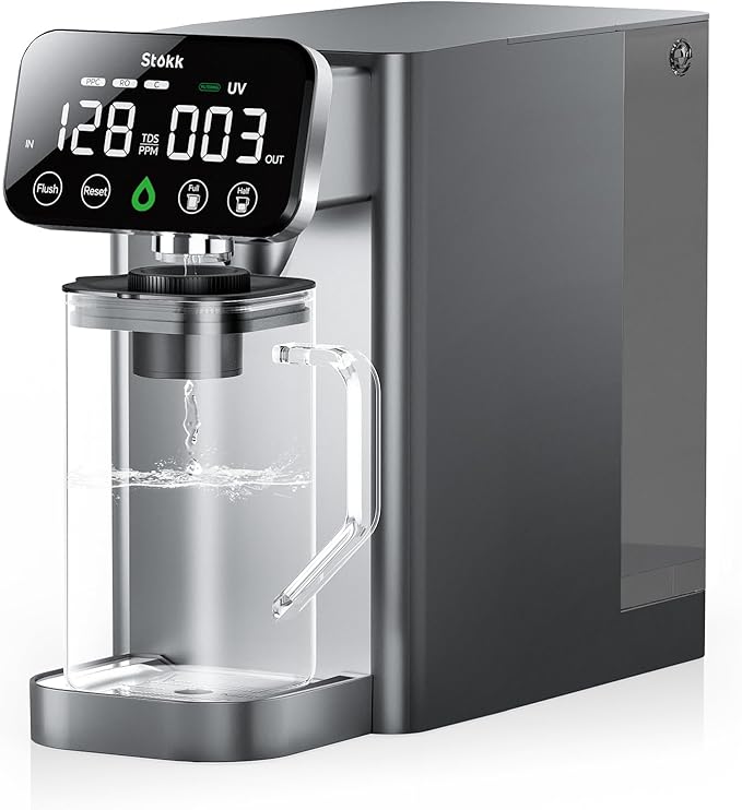 Stokk T1 Lite UV Reverse Osmosis Water Filter Countertop, Reverse Osmosis System with Carafe Alkaline Boost, 6-Stage RO Water Filtration System, NSF/ANSI 58&372, Reduce TDS PFAS Water Purifier (Gray)