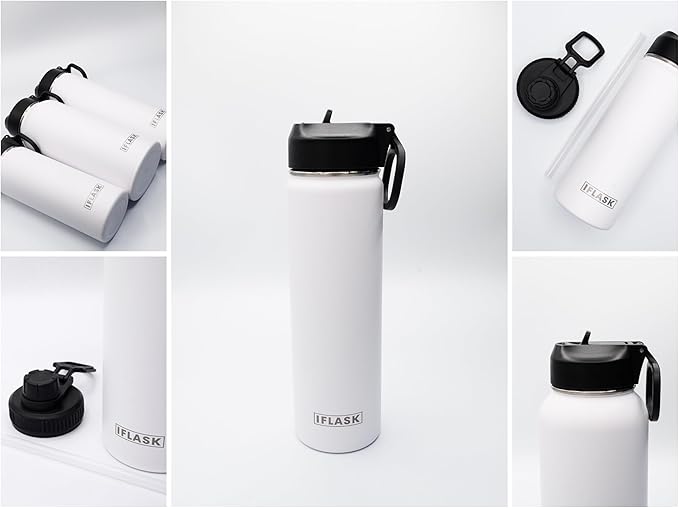 Sport Travel Outdoor Water Bottle with Spout and Straw Lids | Leak Proof | Insulated Stainless Steel Double Walled | BPA and Sweat free | Hot & Cold | For Kids Men & Women (White, 22 oz)