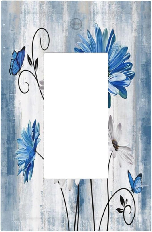 Rustic Teal Blue Daisy Floral Farmhouse 1 Gang Rocker Light Switch Covers Single Decora Outlet Wall Plate Decorative Switchplate Faceplate GFCI for Country Bathroom Bedroom Kitchen Decor
