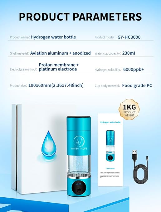 WATER IS LIFE Premium Waterproof Hydrogen Water Ionizer Bottle with LED Light, Magnetic Charging Port, 6000 ppb Hydrogen Content, SPE Electrolysis Technology, Bottom Vent to Discharge Gases (Blue)