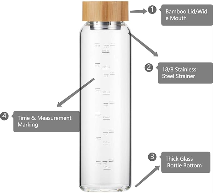 Glass Water Bottle 32 oz Wide Mouth with Sleeve Bamboo Lid Motivational Water Bottle With Time Marker Reusable Safe for Hot Cold Drinks Bpa Free (Black)