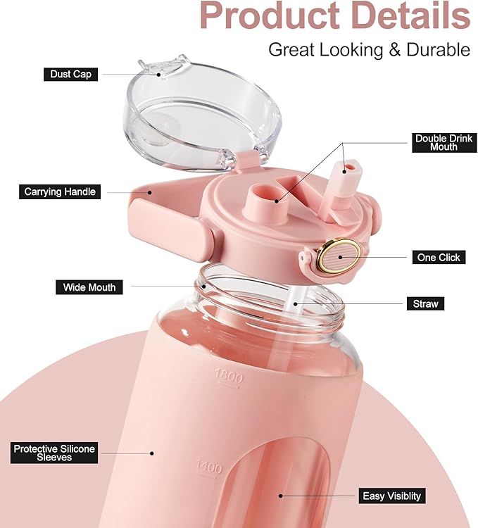 TKK 64 OZ Glass Water Bottle with Straw and Handle Half Gallon Bottle with Silicon Sleeve 2L Sports Water Bottles for Fitness, Gym, Workout - Pink