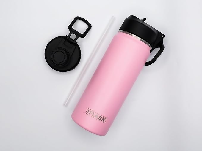 Sport Travel Outdoor Water Bottle with Spout and Straw Lids | Leak Proof | Insulated Stainless Steel Double Walled | BPA and Sweat free | Hot & Cold | For Kids Men & Women (Pink, 18 oz)