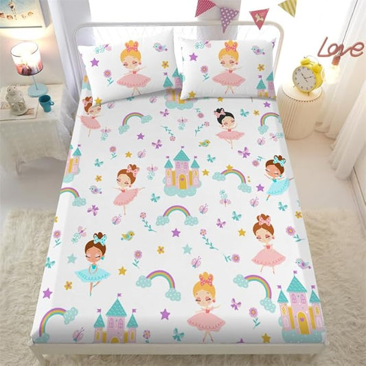 Girls Princess Fitted Sheet Set for Kids Teens Dancing Castle Crown Bed Sheet Queen Size 3D Print Dreaming Style Sheet Set 3 Piece
