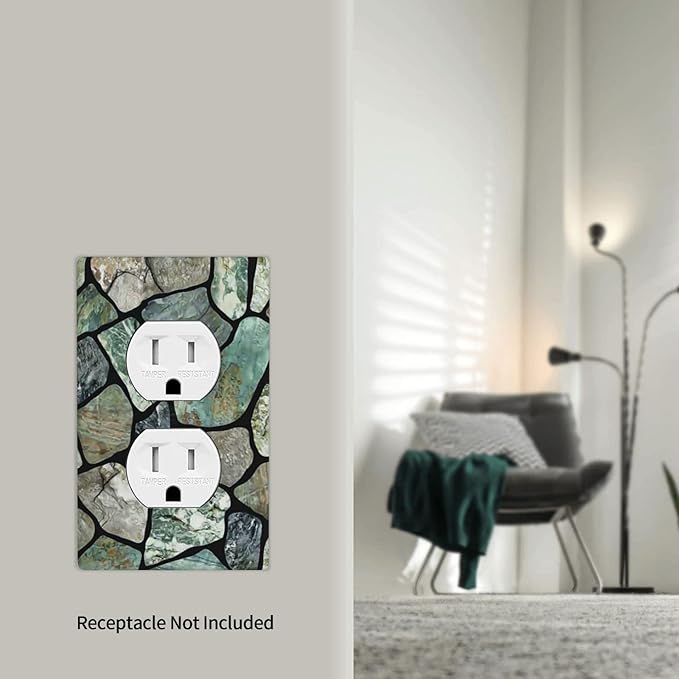 Green Stone Texture Duplex Outlet Switch Wall Plate Cover Decorative 1-Gang for Electrical Room Bathroom Bedroom Home Kitchen One Receptacle Polycarbonate Power Gear 4.5" x 2.76"
