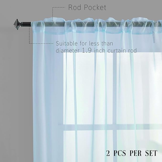 Sky Blue Sheer Curtains 63 Inch Length for Bedroom Rod Pocket Light Filtering Blue Drapes for Windows/Living Room/Girls/Kids 52x63 Inches Long 2 Panels