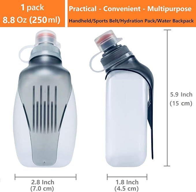 Water Bottle for Running No Bounce Water Bottle with Clip and Cover Cap,BPA-Free Plastic, 8.8oz (250ml) for Running/Marathon/Walking/Hiking/Cycling/Trail/Skiing (1 Pack)