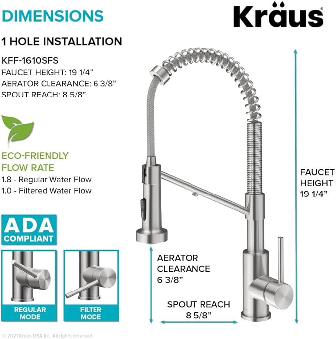 KRAUS Bolden 2-in-1 Commercial Style Pull-Down Single Handle Water Filter Kitchen Faucet for Reverse Osmosis or Water Filtration System in Spot Free Stainless Steel, KFF-1610SFS