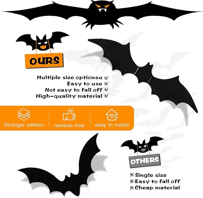 Bats Wall Decor,240 Pcs Bats Halloween Decoration, 4 Different Sizes 3D Bat for Halloween Decorations Clearance, Halloween Bat Stickers for Wall Decor