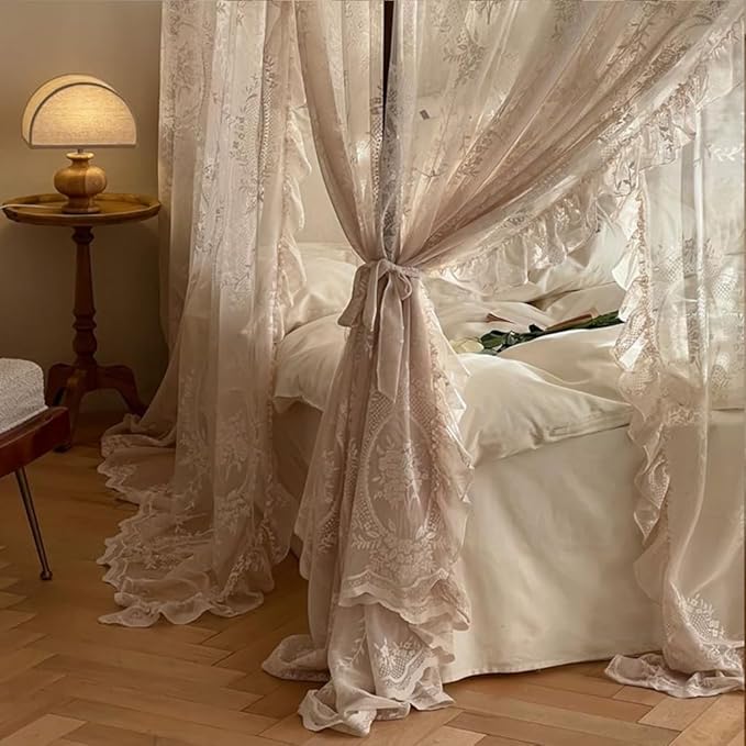 Elegant Lace Princess 4 Corner Post Mosquito Net Romantic for Girls Women Bed Curtain Canopy for Adult Wedding Bedroom Kids Rooms Decoration (Color-C, California King)