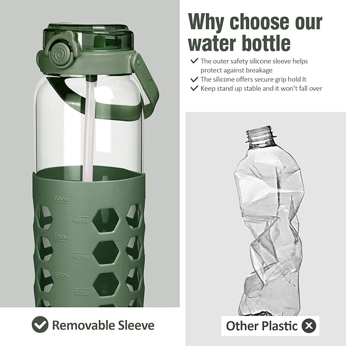MUKOKO 56oz Glass Water Bottles with Straw and Lid,Motivational Water Jug with Time Marker Reminder and Silicone Sleeve,100% Leakproof BPA Free Fitness Sports Large Bottle-Olive