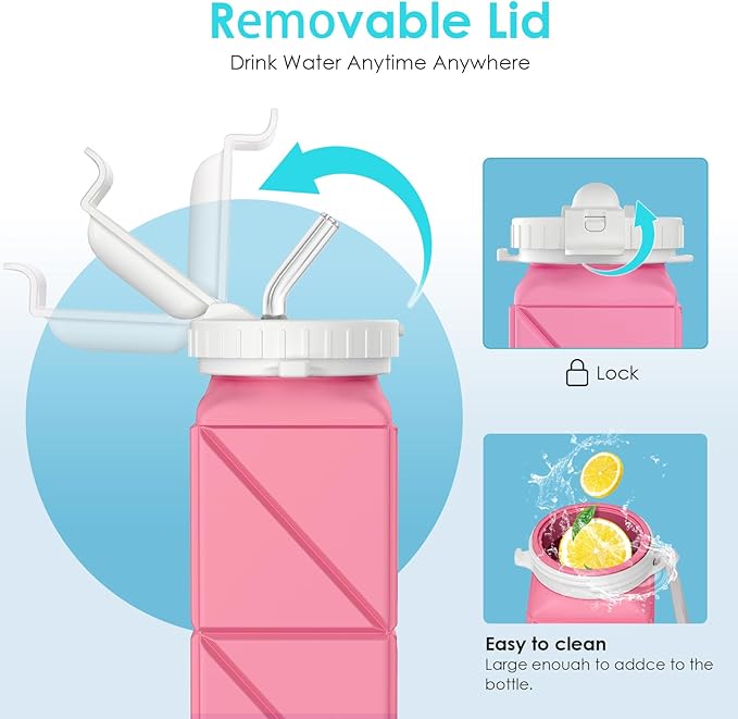 Collapsible Water Bottles,BPA-Free Leak-Proof Silicone Foldable Water Bottle Cup 20.6oz,Durable Lightweight Bottle for Gym Travel Camping Hiking Running (Type2 Pink)