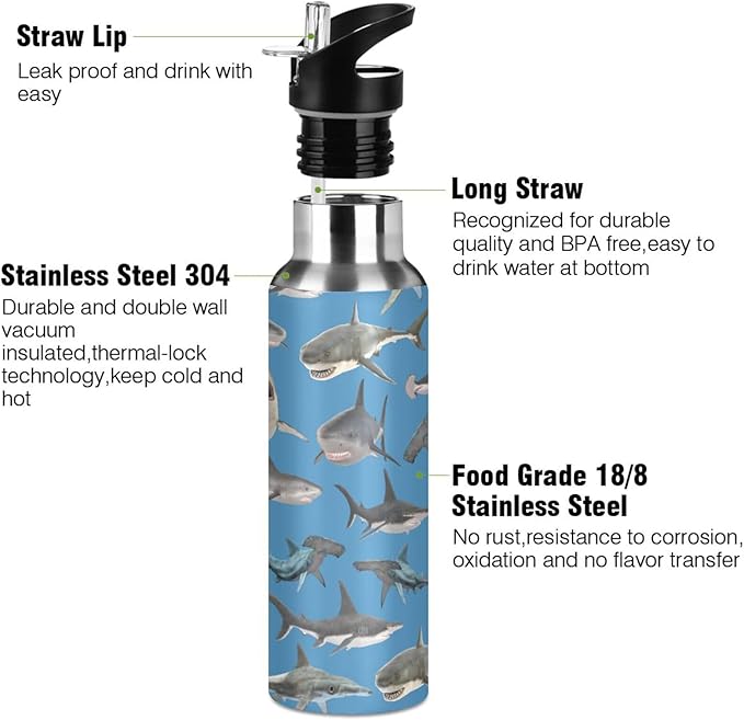 shark hammerhead shark Stainless Steel Water Bottle with Straw Lid - 20 Oz Sports Insulated Water Bottle Thermos for Sport Gym Outdoor Travel School