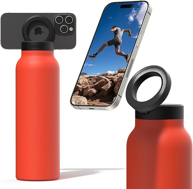 Ringo Insulated Water Bottle - Compatible MagSafe Water Bottle w/Phone Holder -Stainless Steel School Water Bottle w/Magnetic Phone Mount for Kids & Adult-Hot 12H, Cold 24H 360° Rotate - Orange 24oz