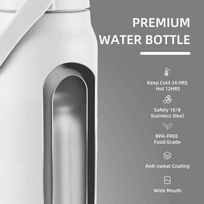 ColorSub 50oz Insulated Water Bottle With 2-in-1 Straw and Chug Leakproof Lid, BPA Free Stainless Steel Wide Mouth Sports Water Cup Flask White