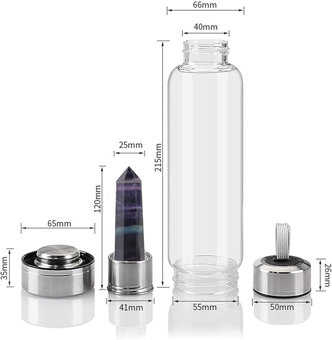 Crystal Glass Water Bottle, Glass Water Bottle with Changeable Natural Crystal Center, Quartz Gemstone Water Bottle for Natural