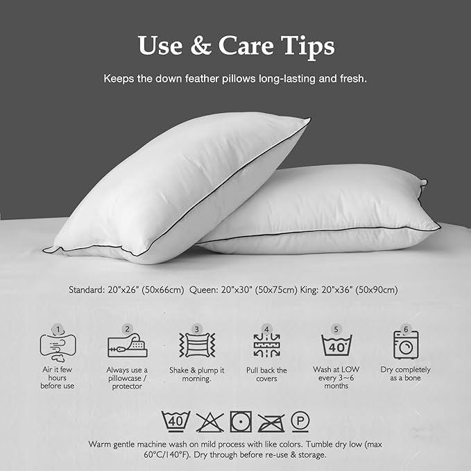 DWR Luxury Goose Feather Down Core Pillows Surrounded by Polyester - Set of 2 - Queen Size(20"x30") - Medium Firm - 100% Organic Cotton Cover