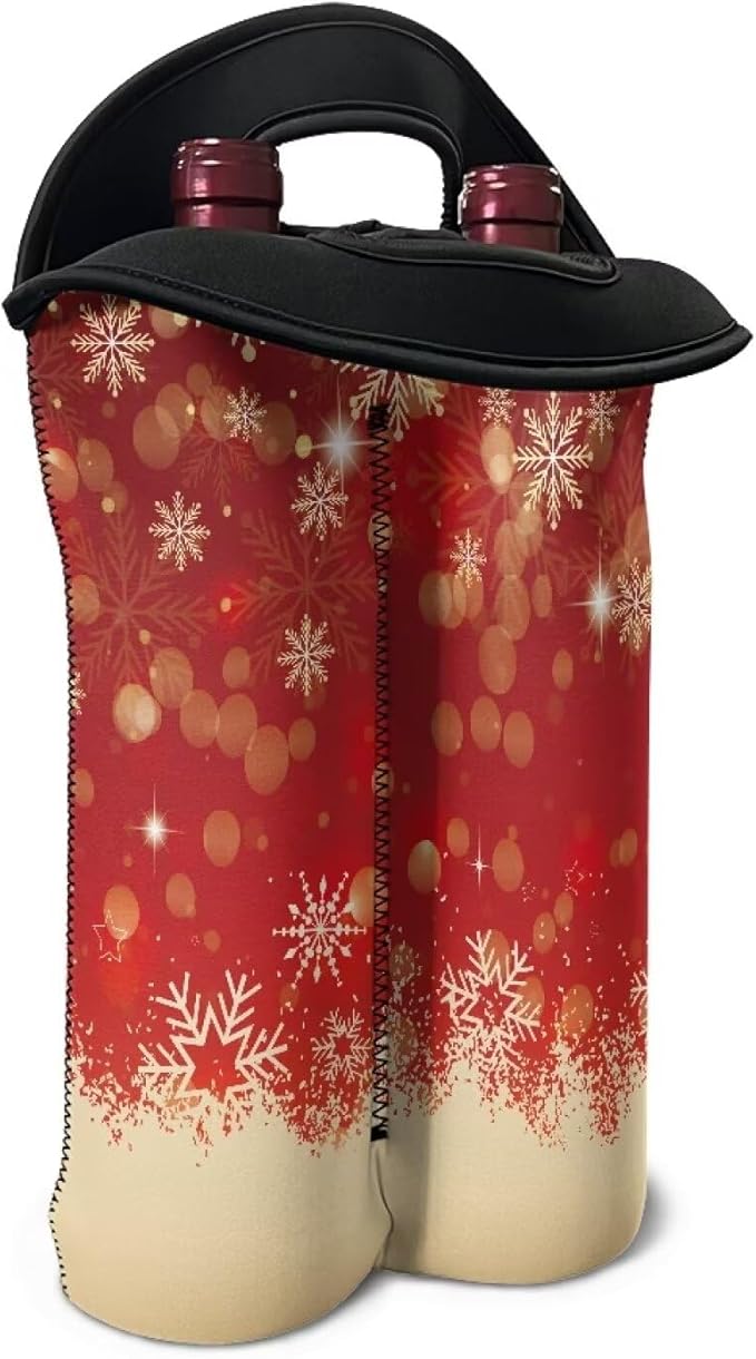 doginthehole Christmas Decorations Wine Carrier Tote Bag 2 Bottle Portable Neoprene Wine Tote Holders, Xmas Red Golden Snowflake Wine Carrying Case Bag for Wine/Beer/Champagne/Water/Drinks