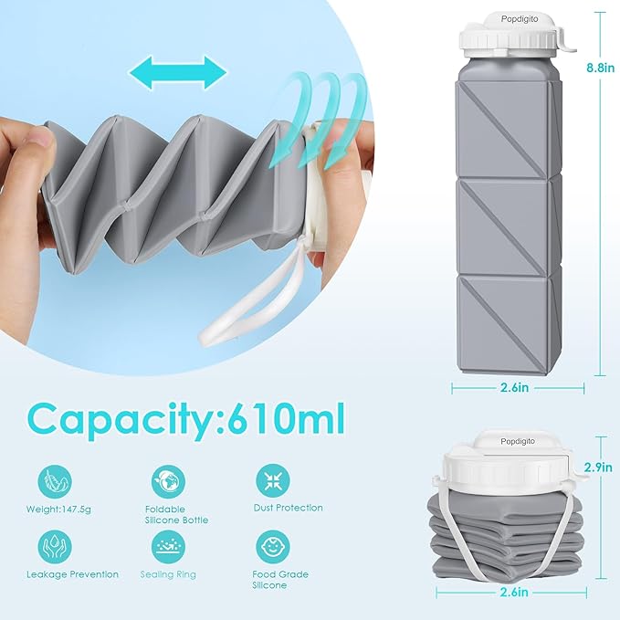 Collapsible Water Bottles,BPA-Free Leak-Proof Silicone Foldable Water Bottle Cup 20.6oz,Durable Lightweight Bottle for Gym Travel Camping Hiking Running (Type2 Grey)