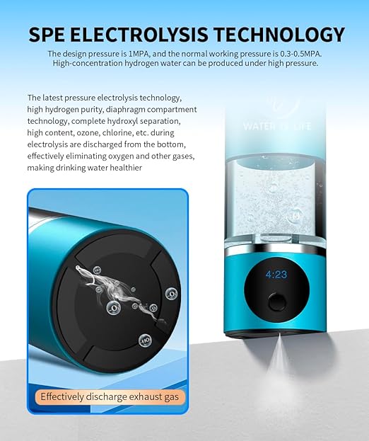 Premium Waterproof Hydrogen Water Ionizer Bottle with LED Light, Magnetic Charging Port, 6000 ppb Hydrogen Content, SPE Electrolysis Technology, Bottom Vent to Discharge Gases. (Grey)