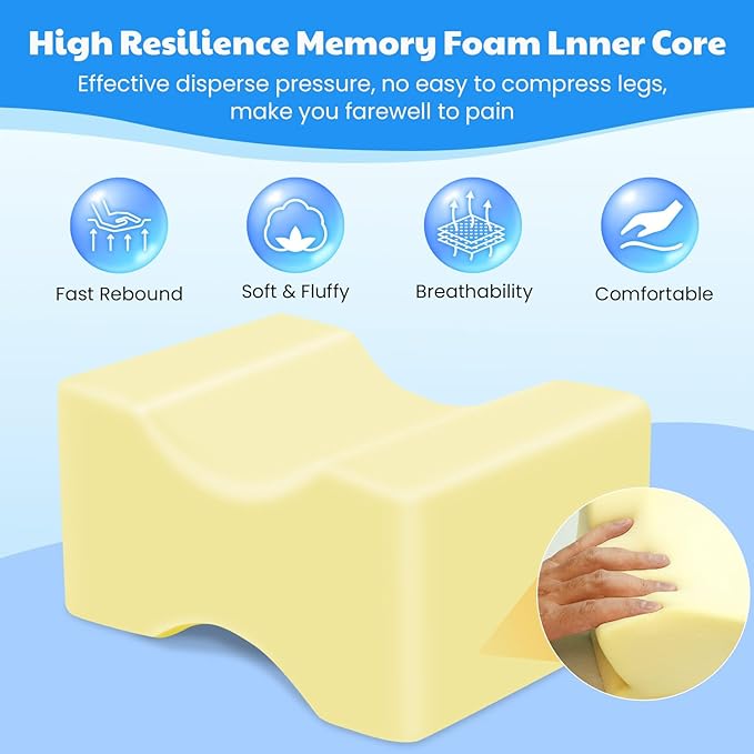 Memory Foam Knee Pillow, Leg Pillow for Side Sleeping, Contour Support Ergonomic Knee Pillow with Cover and Strap, for Side Sleepers, Spine Alignment, Hip, Back and Joint Pain Relief
