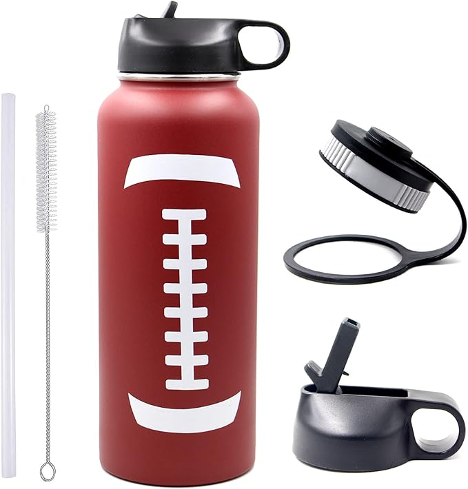 40 oz Football Water Bottle, Sports Water Bottles with 2 Lids 18/8 Stainless Steel Travel Tumbler Double Wall Vacuum Insulated Hot/Cold Standard Metal Canteen (40oz, Football)