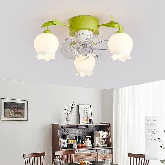 Flower Ceiling Fan with Light: Green Flower Fan Lights for Girls Bedroom - Flush Mount Fandelier for Living Room - 3-Light Modern Chandelier with Fan for Home Decor Enthusiasts