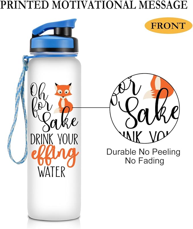 LEADO 32 oz 1 Liter Motivational Water Bottle with Time Marker - for Fox Sake Drink Your Effing Water - Funny Mothers Day, Birthday Gifts for Women Men Mom Daughter Sister Wife Friend Coworker