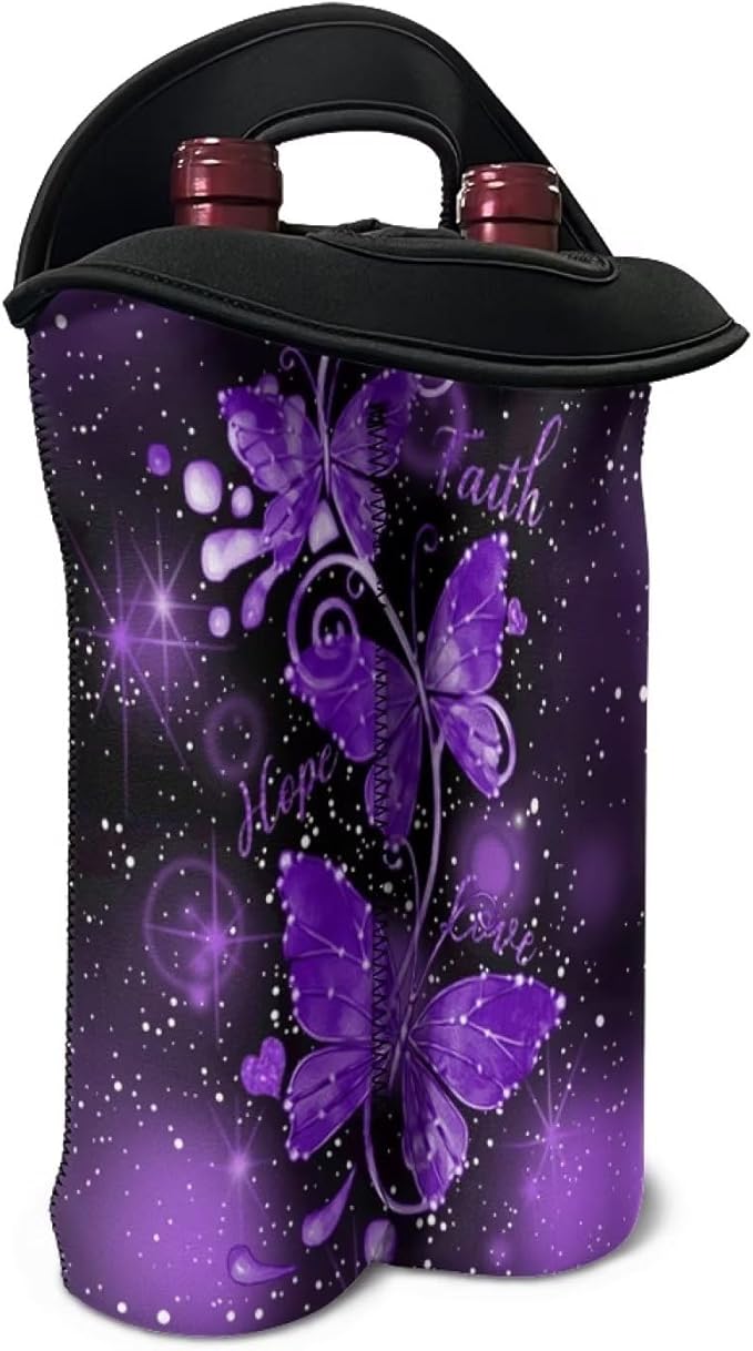 doginthehole Wine Tote Carrier Bag Purple Butterfly Print Neoprene Champagne Bottle Protective Sleeve Reusable Wine Bottle Bag Double Wine Carry Bag for Travel Picnic Dinner