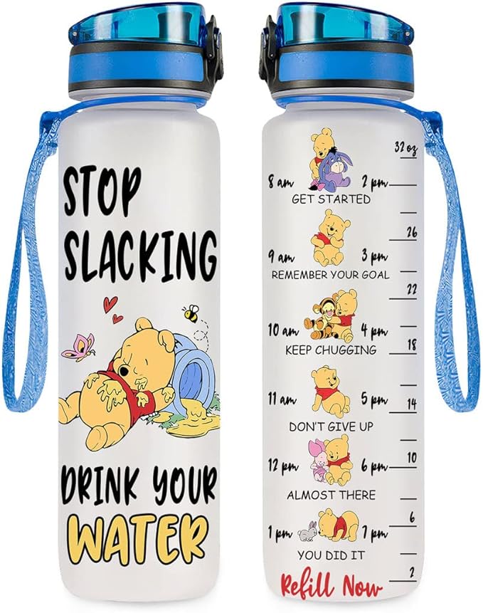 Winnie Pooh 32 Oz Water Track Bottle, Stop Slacking Drink Your Water Water Bottle With Time Marker, Pooh Bear Motivational Insulated Water Bottle, Gifts For Family Friend