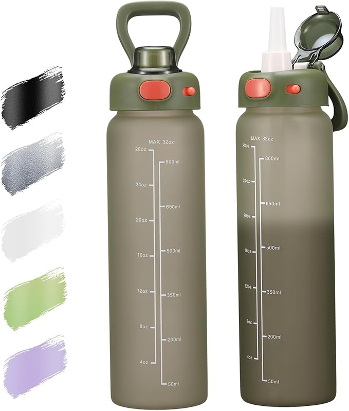 SIEROZUR 32 oz Glass Water Bottle with Straw and Handle Large Sports Motivational Water Bottle with Locking Lid and Time Marker Leakproof Water Jug for Daily Hydration Intake BPA Free