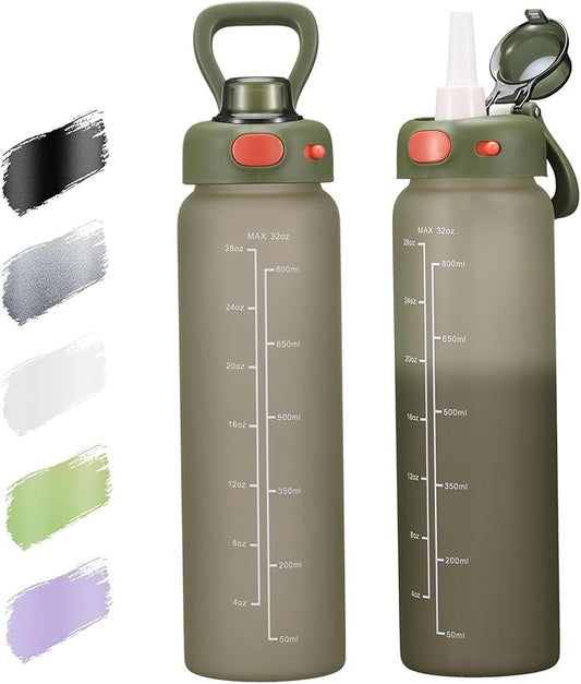 SIEROZUR 32 oz Glass Water Bottle with Straw and Handle Large Sports Motivational Water Bottle with Locking Lid and Time Marker Leakproof Water Jug for Daily Hydration Intake BPA Free