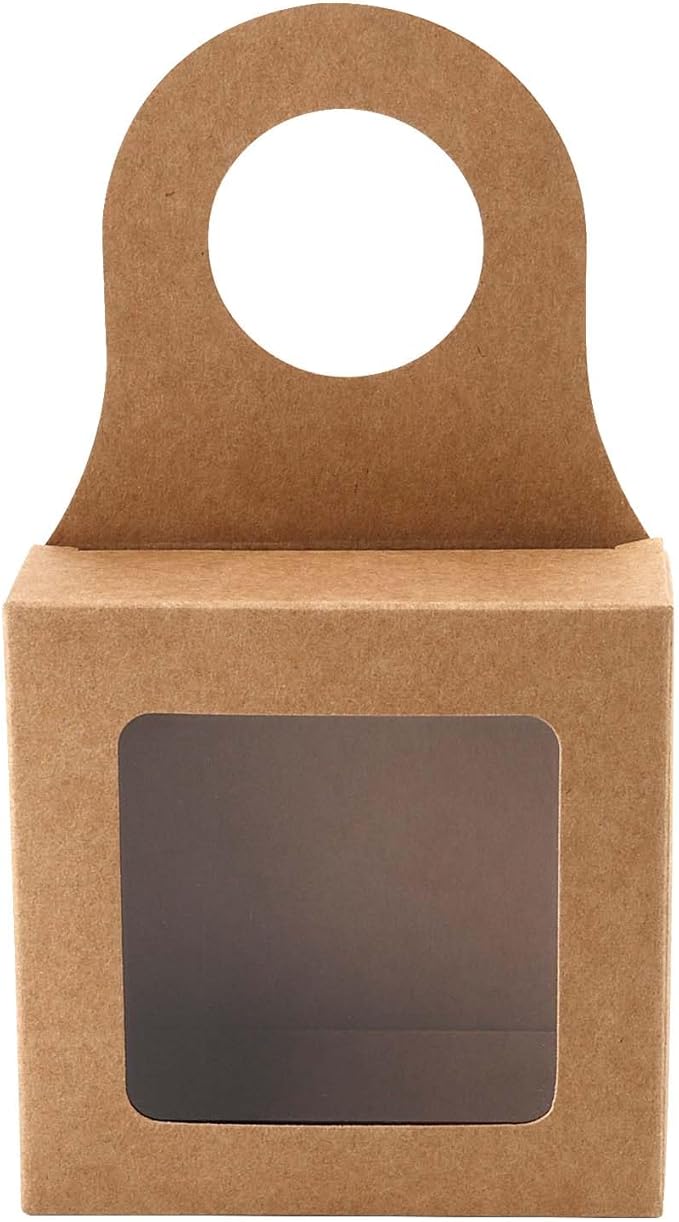 JAPCHET 50 PCS Paper Wine Bottle Box, Kraft Wine Bottle Box with Hanging Hole and Clear Window Wine Kraft Box for gift giving, wedding and Christmas party