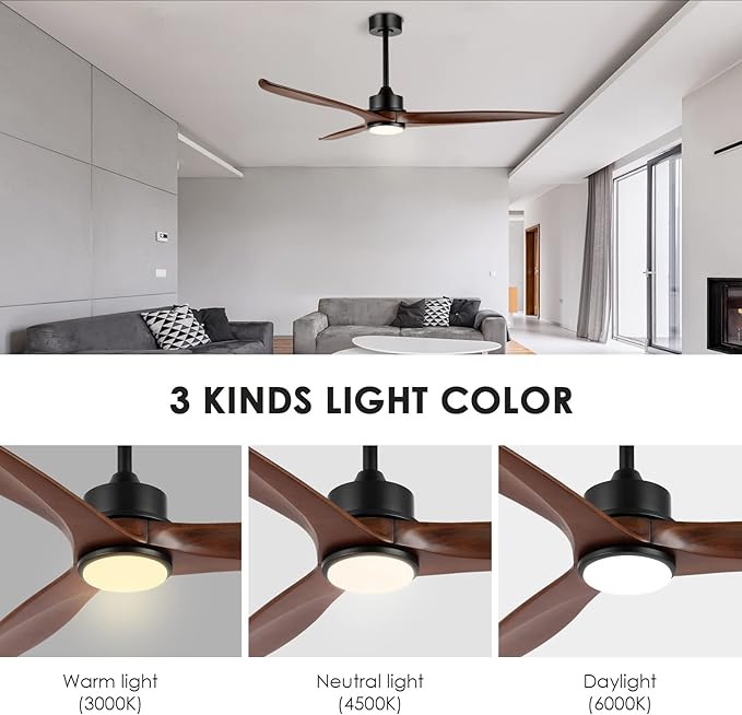 WINGBO 60 Inch DC Ceiling Fan with Lights and Remote Control, 3 Reversible Carved Wood Blades, 6-Speed Noiseless DC Motor, Modern Ceiling Fan in Matte Black Finish with Walnut Blades