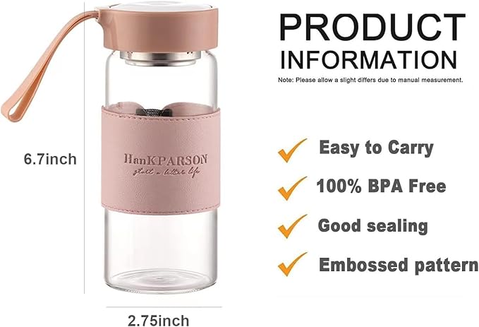 Glass Water Bottles 16 Oz Borosilicate water bottle-with sealing cap and Holsters and filters - BPA free,Men and Women Portable Glass Bottle (Pink+Green)