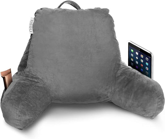 Nestl Reading Pillow for Kids, Small Bed Pillow, Back Pillow for Sitting in Bed, Memory Foam Chair Pillow, Reading & Bed Rest Pillows, Grey Back Pillow for Bed, Arm Pillow with Pockets